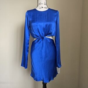 Shona Joy Twist Front Mini Dress Womens 4 Strong Blue Long Sleeve